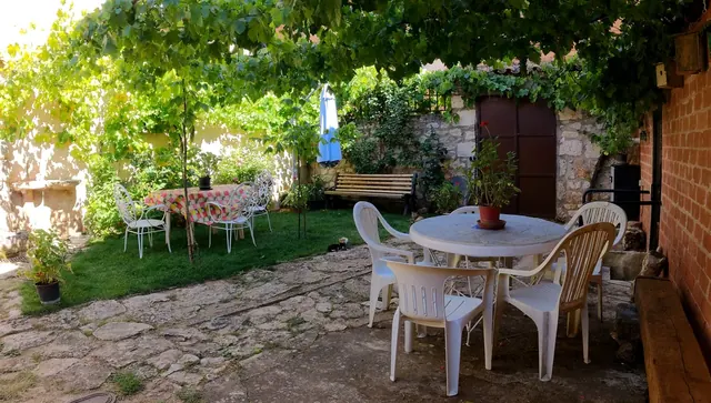 Jardín con mesa redonda y sillas junto a la parra